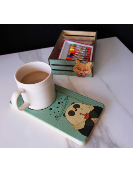 Happy Teddy Bear Wooden Presentation - Printed and Panda patterned coasters -