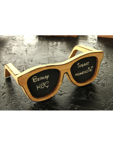 Natural wooden table name holder with bamboo glasses frame, very fun product