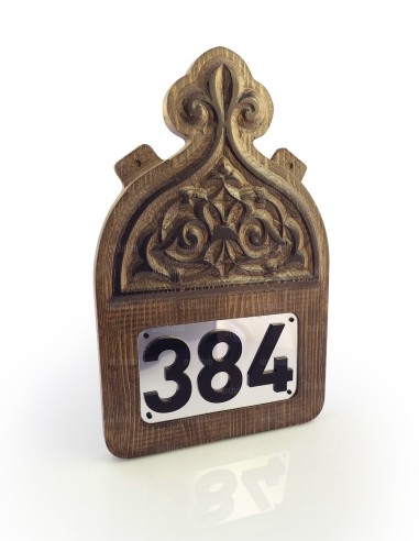 Wood carved hotel room door number sign, solid pine with mirror face and black acrylic numerals