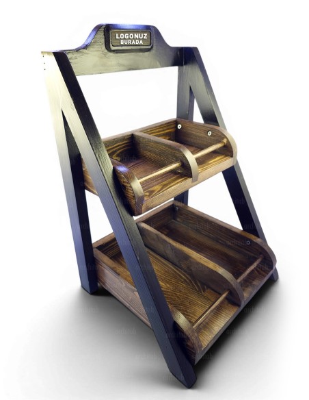 Tezgah üstü mini ahşap stand — kafe kahve paketi sunumu