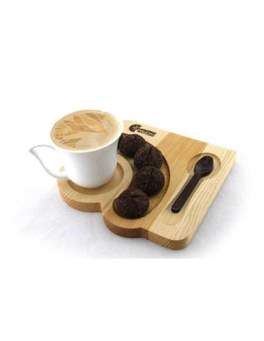 Wooden Coffee Serving Plate with five cookies serving area.