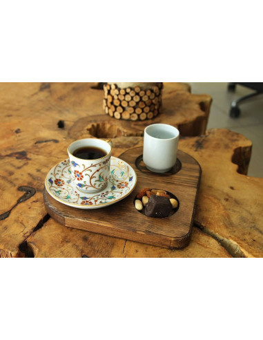 Hearted Turkish coffee serving plate. Natural wood and very stylish presentations.