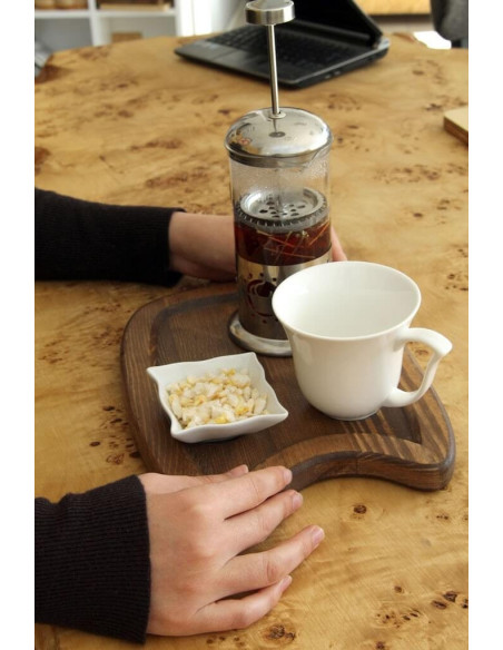 Wooden plate for filter tea and coffee lovers. Special presentation for cafes