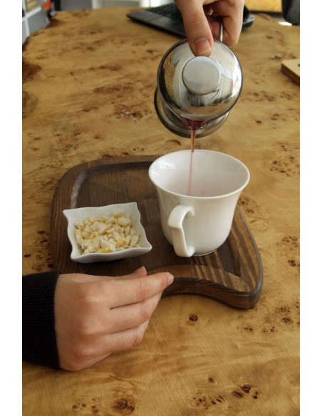 Wooden plate for filter tea and coffee lovers. Special presentation for cafes