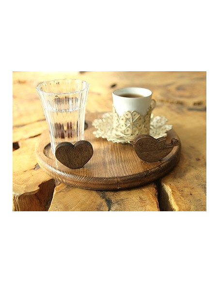 Bird and heart Turkish coffee wooden plate, special for romantic presentations.
