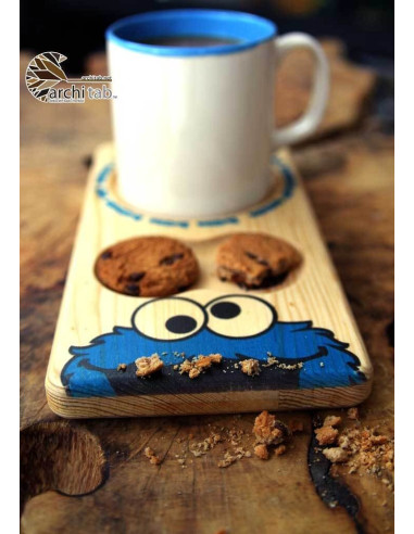 Cookie Monster themed wooden coffee plate. Wooden presentations are here.