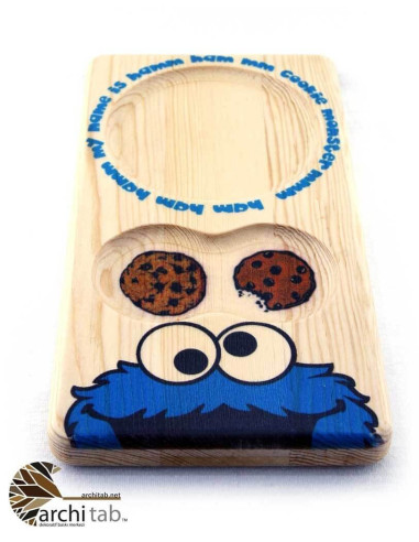Cookie Monster themed wooden coffee plate. Wooden presentations are here.