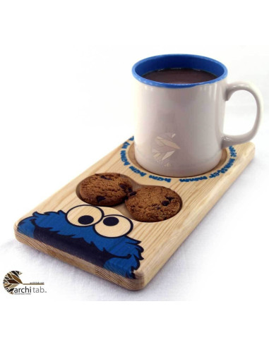 Cookie Monster themed wooden coffee plate. Wooden presentations are here.
