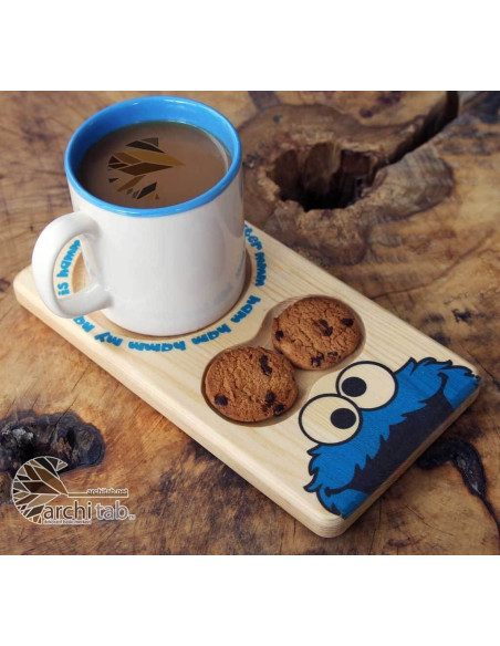 Cookie Monster themed wooden coffee plate. Wooden presentations are here.