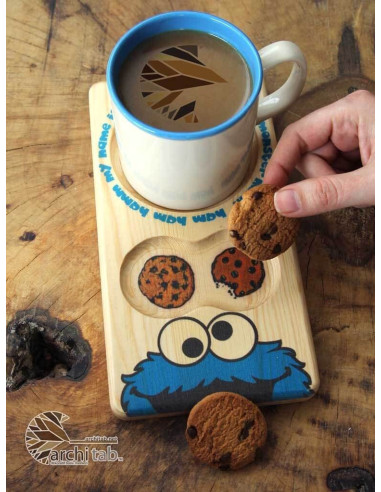 Cookie Monster themed wooden coffee plate. Wooden presentations are here.