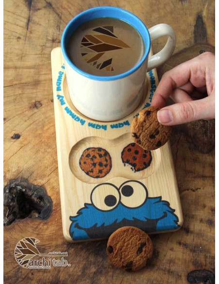 Cookie Monster themed wooden coffee plate. Wooden presentations are here.