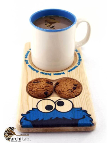 Cookie Monster themed wooden coffee plate. Wooden presentations are here.