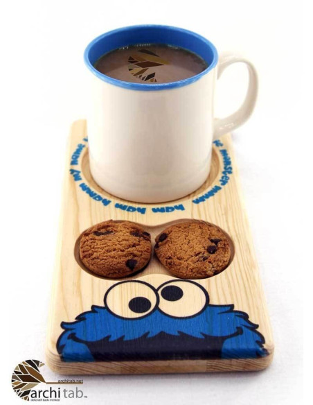 Cookie Monster themed wooden coffee plate. Wooden presentations are here.