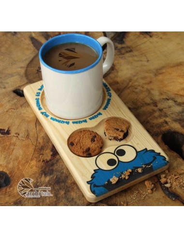 Cookie Monster themed wooden coffee plate. Wooden presentations are here.