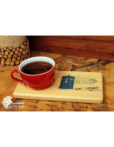 DR Who Tardis printed wooden coffee and tea serving plate. Architab.Net