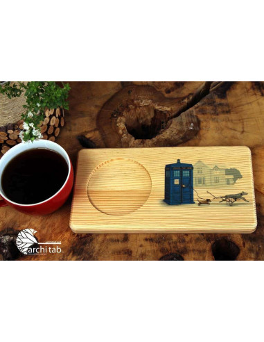 DR Who Tardis printed wooden coffee and tea serving plate. Architab.Net