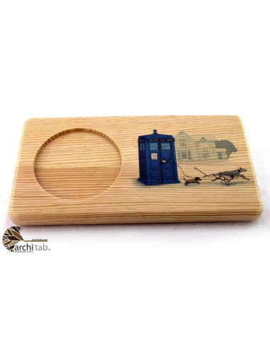 DR Who Tardis printed wooden coffee and tea serving plate. Architab.Net