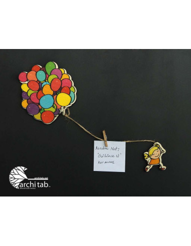 Little girl fridge ornament with flying balloons. Wooden latch gift. Architab