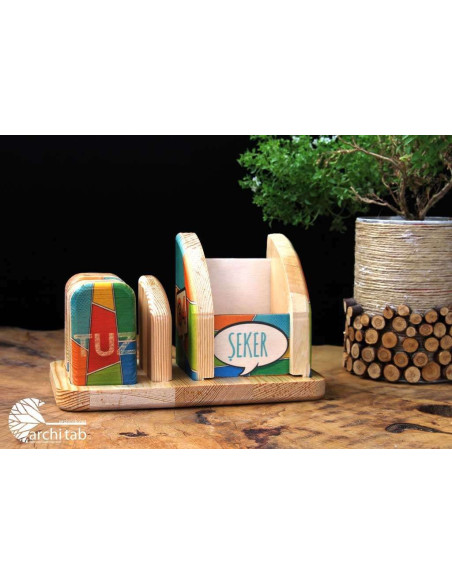 Wooden sugar bowl, salt shaker and table number in one, special design for your logo