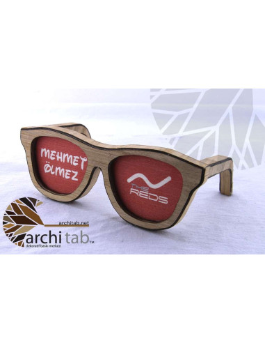 Natural wooden table name holder with bamboo glasses frame, very fun product