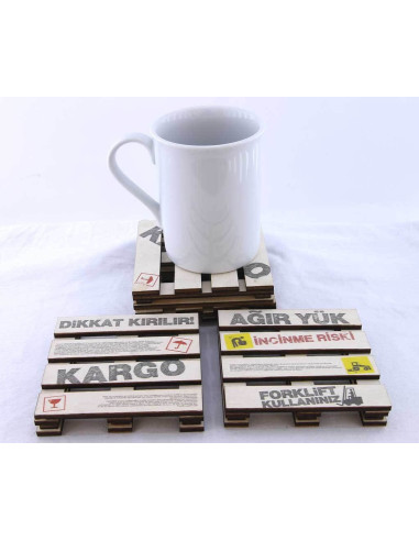 Logistic mini pallet themed cargo icons located on tea coffee plates