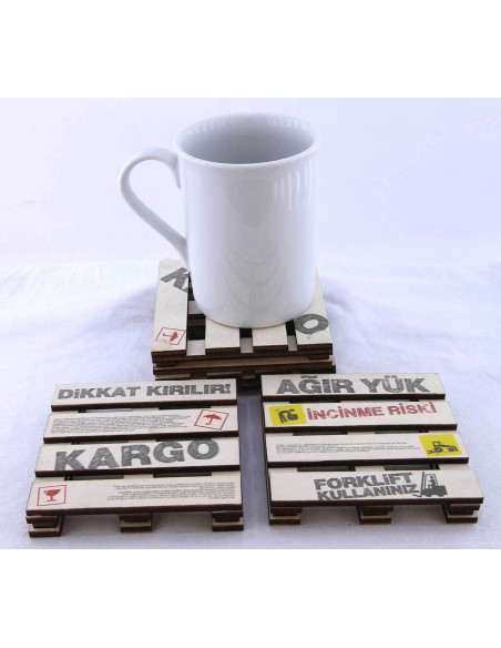 Logistic mini pallet themed cargo icons located on tea coffee plates