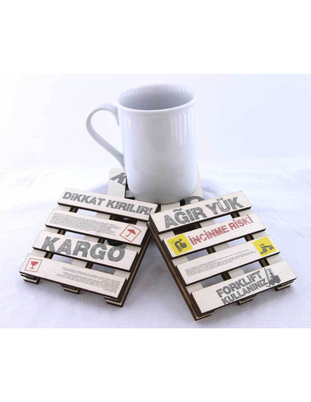 Logistic mini pallet themed cargo icons located on tea coffee plates