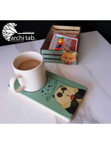Happy Teddy Bear Wooden Presentation - Printed and Panda patterned coasters -