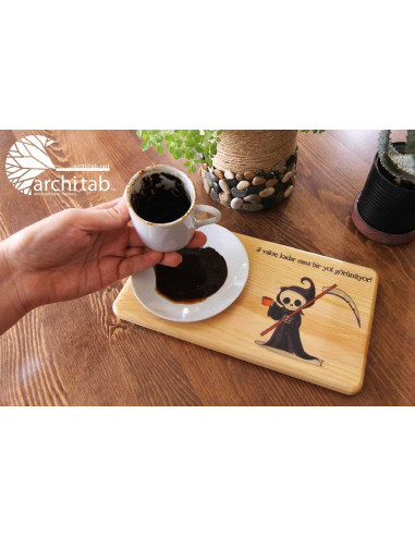 Fun fortune teller design on wooden Turkish Coffee presentation plate