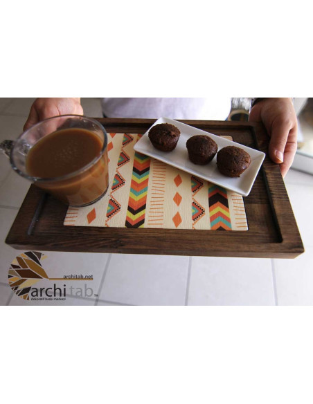 Kilim Patterned Tumbled Natural Wood Serving Tray