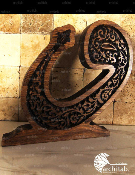 The letter Vav carved from natural wood is decorated with LED lamp and wireless.