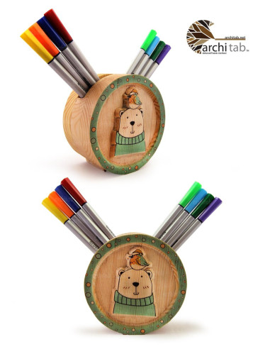 Natural Wood Carved Colored Figure Pencil Holder - Architab Atölye
