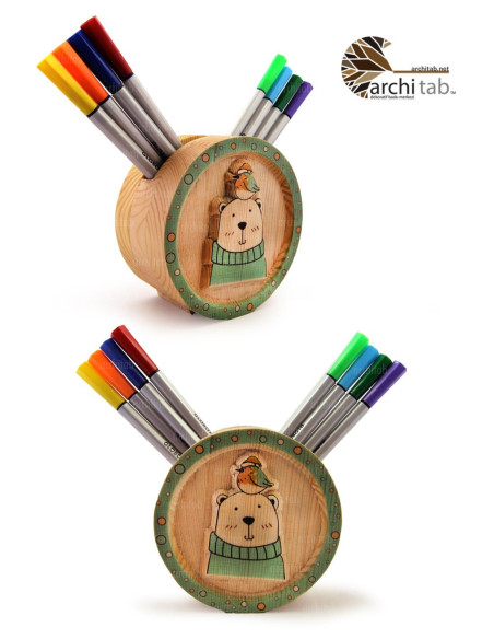 Natural Wood Carved Colored Figure Pencil Holder - Architab Atölye