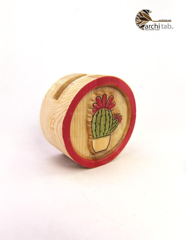 Kaktüs desenli ahşap oyma kalemlik - Ofis ve Çalışma Masası Hediyeleri
