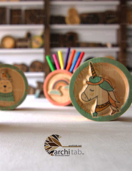 Natural Wood Embossed Unicorn Pencil Holder - Architab Workshop