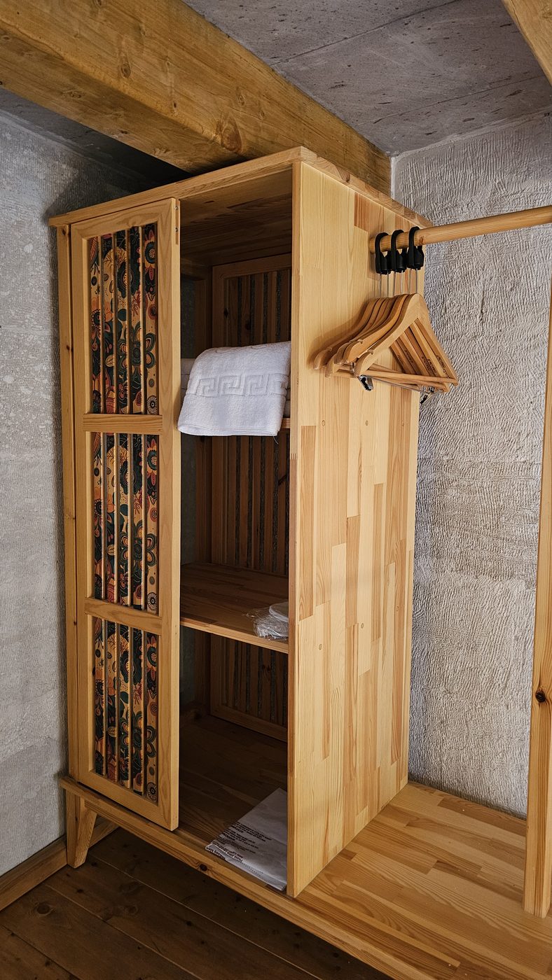 Solid pine wardrobe in a Göreme hotel room, with a patterned fabric panel door