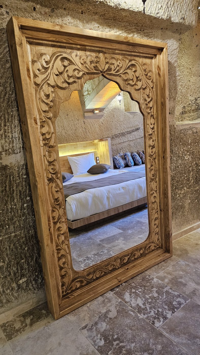 Cappadocia hotel furniture: 150x180 cm (59x71 in) carved solid wood floor mirror with a thick frame, Göreme