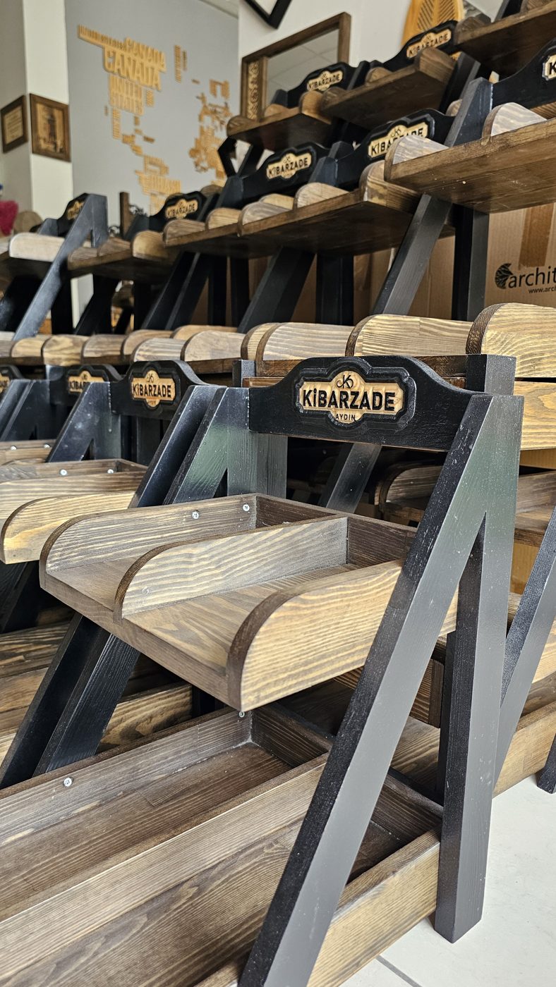 CNC kabartma logo ahşap teşhir standı, Kibarzade Aydın tepe plakası yakın çekim
