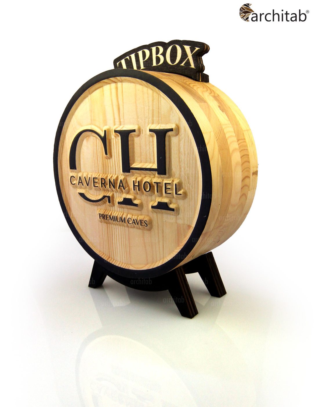 Caverna Hotel resepsiyonu için ahşap tip box, CH monogram logolu