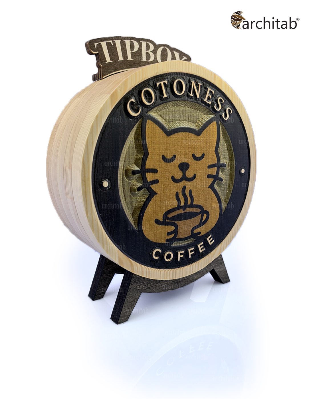 Kafe için ahşap tip box: kedi figürlü oyma logo ve üstte ayrı parça TIPBOX yazısı