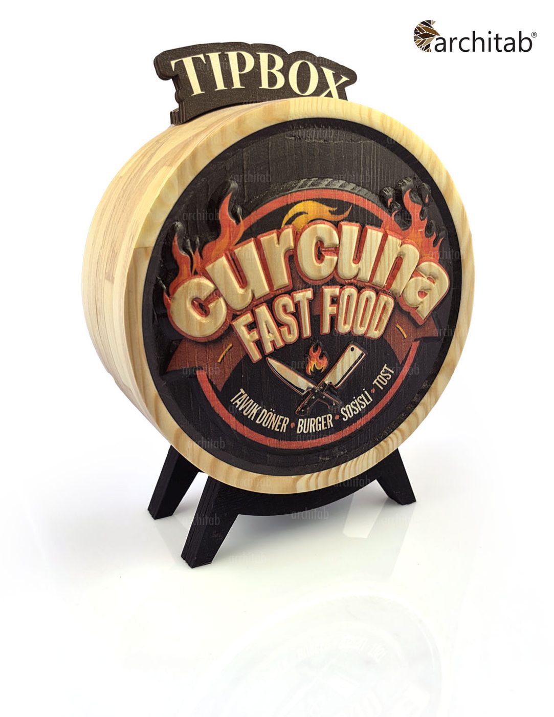 Fast food işletmesi için üretilmiş yuvarlak ahşap tip box, renkli oyma logo ve TIPBOX başlığı