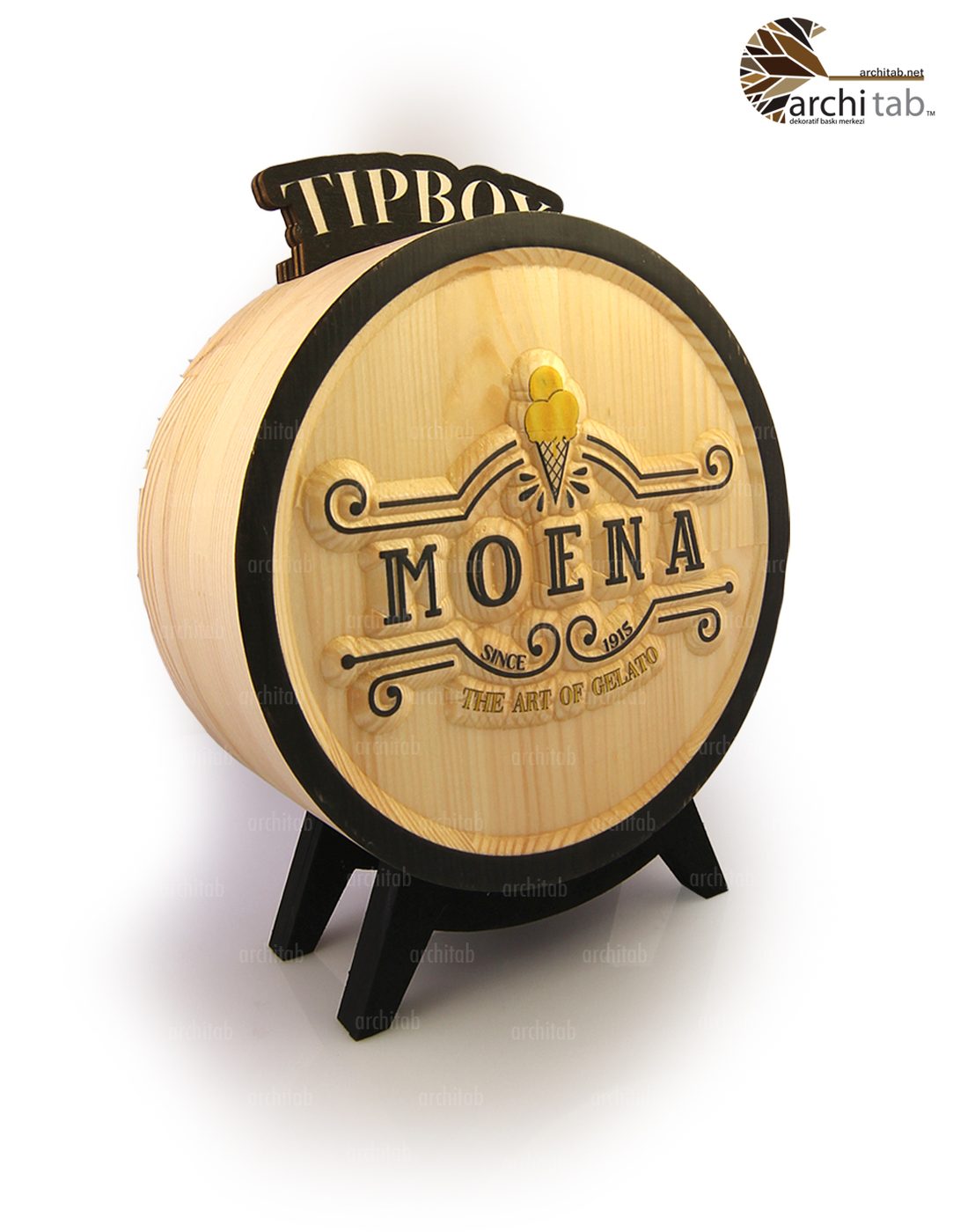 Moena dondurmacısı için ahşap tip box, kabartma vintage logo