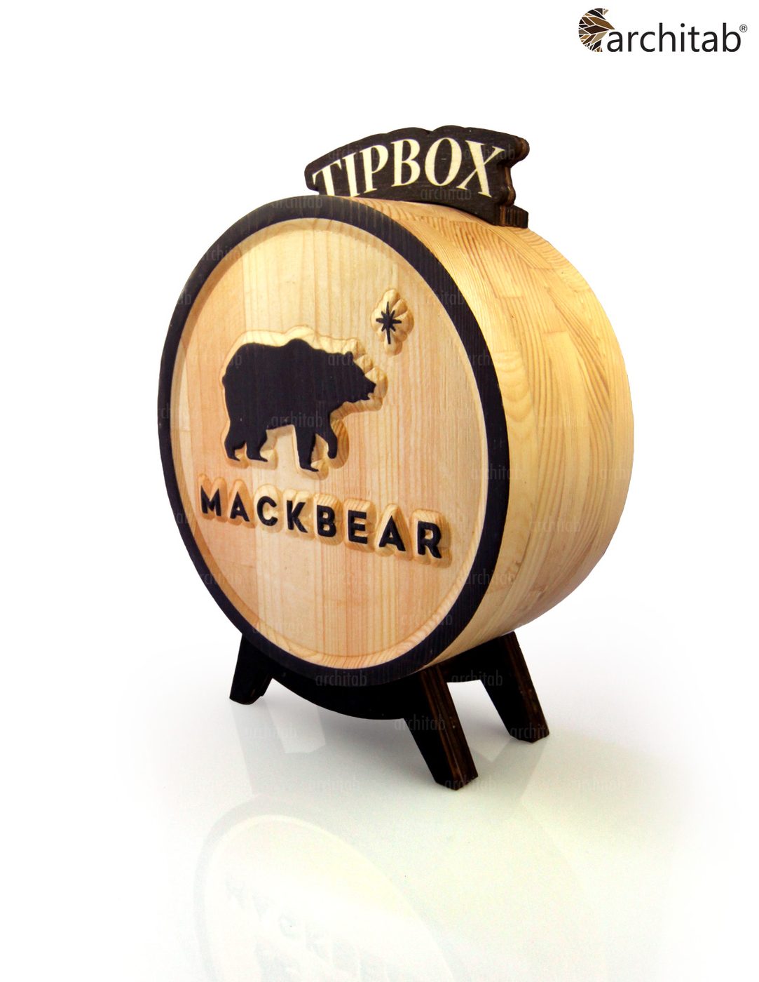 Mackbear Coffee için logoya özel ahşap bahşiş kutusu, kabartma ayı logosu
